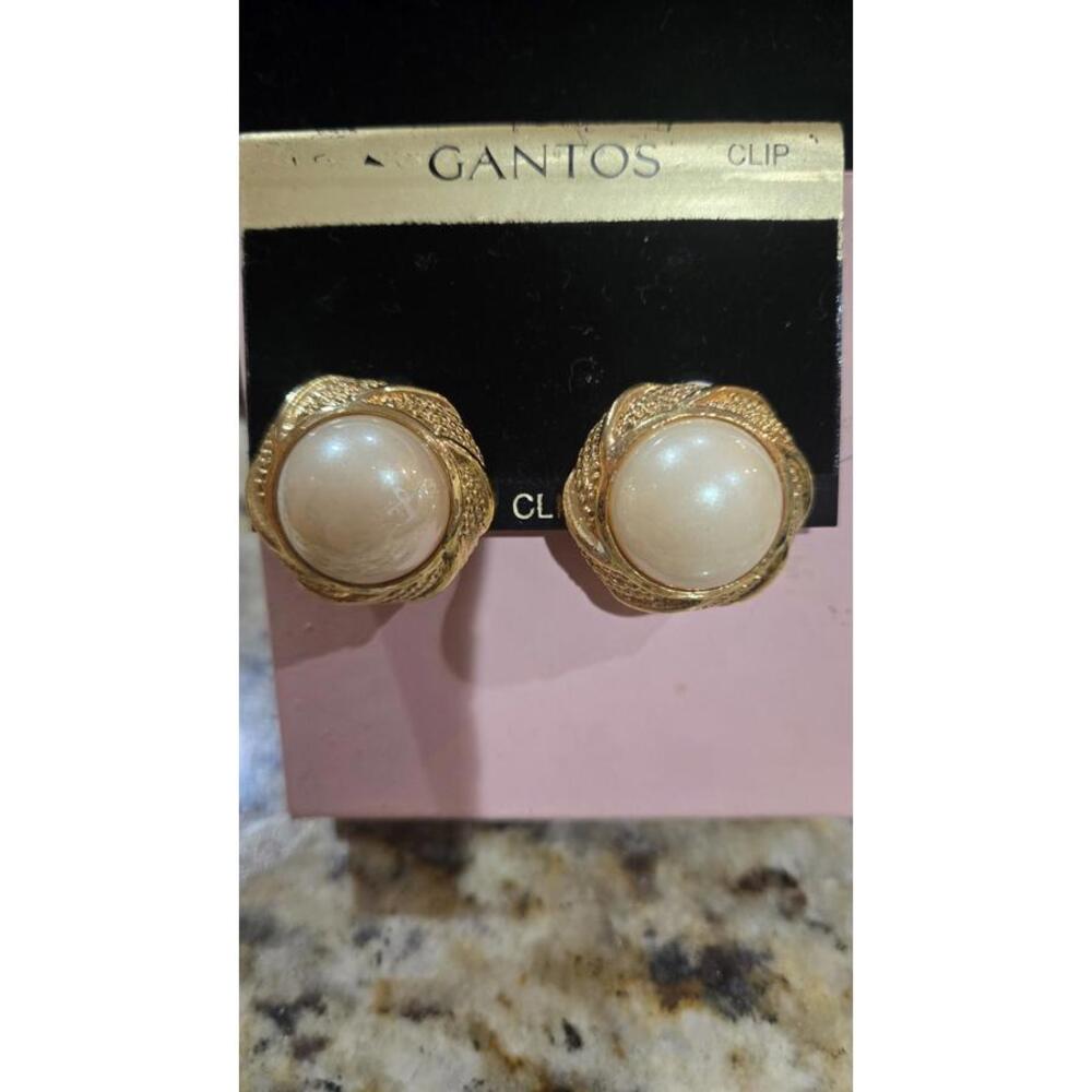Vintage New Large GANTOS  Gold Tone Faux Moby Pearl Clip Earrings NEW